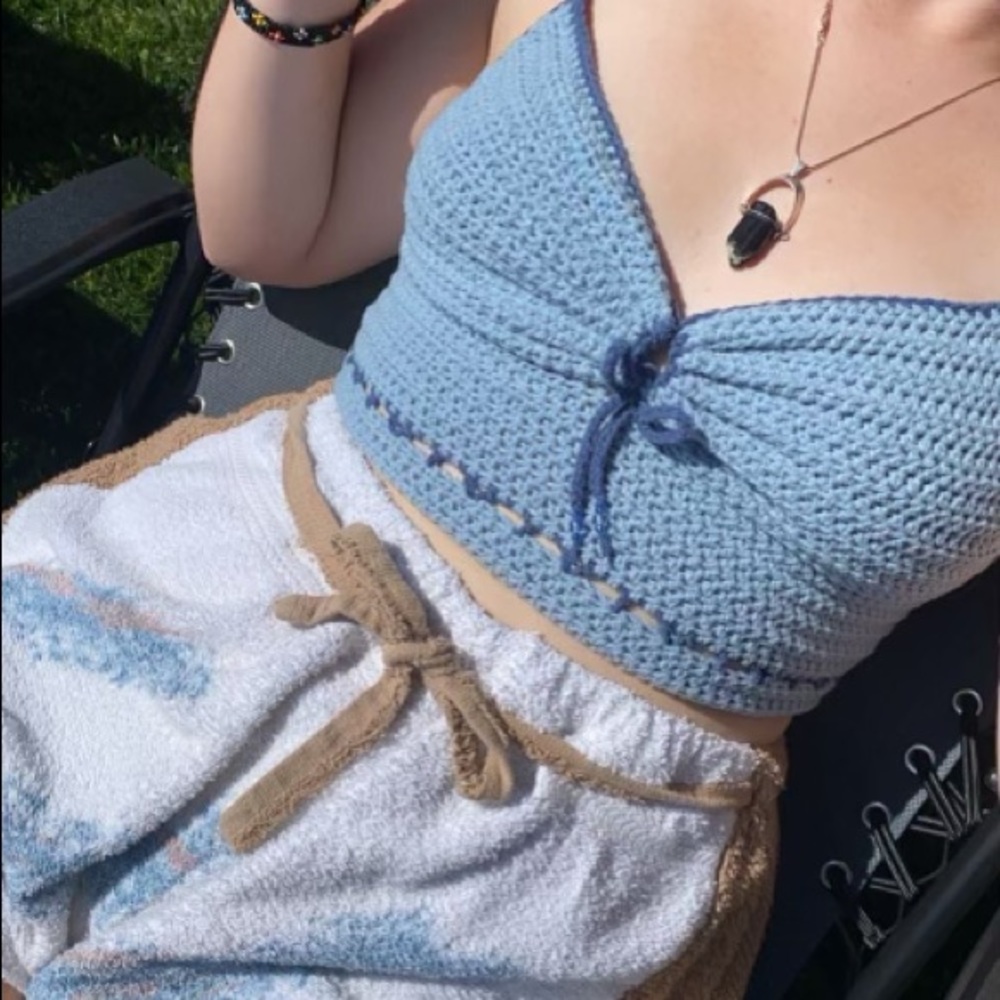 NWT Hand Crafted Crochet Top (M) by amberblue handmade (white with lavender)